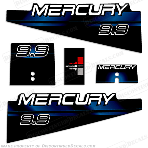 Mercury 9.9hp Decal Kit - 1994 - 1999 (Blue) 9.9hp, 9.9 hp, 9.9 horsepower, 9.9, 95, 96, 97, 1995, 1996, 1997, 94, 98, 99, mercury, decal, decals, kit, stickers, set, outboard, blue,