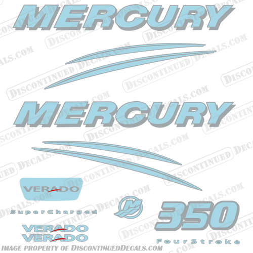 Mercury Verado 350hp Decal Kit - Powder Blue/Silver  Mercury, Verado, 350, 350hp, hp, horse power, Decal, Kit, Decals, Powder Blue, Silver, Powder