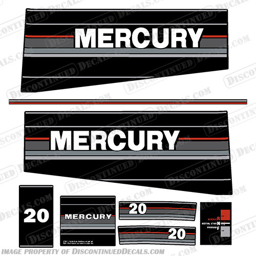 Mercury 20HP Outboard Engine Decals -  1989 1990 mercury, 20, 20hp, 20 hp, 1989, 89, 1990, 90, vintage, outboard, decal, kit, decals, set, stickers, motor, engine, boat, 