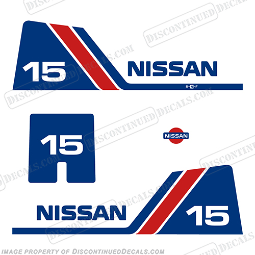 Nissan 15hp Outboard Decal Kit - 1984 - 1995  nissan, 9.9, 1990, 9hp, outboard, decal, sticker, kit, set, 18, hp, horsepower, 1984, 1985, 1986, 1987, 1988, 1989, 1991, 1992, 1993, 1994, 1995, INCR10Aug2021