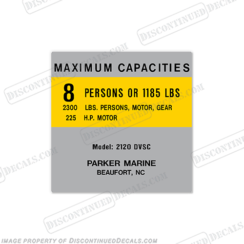 Parker Marine 2120 DVSC Capacity Decal - 8 Person  capacity, plate, sticker, decal, parker, marine, 2120, DVSC, 8, person, boat, coast, guard, safety, plate, INCR10Aug2021