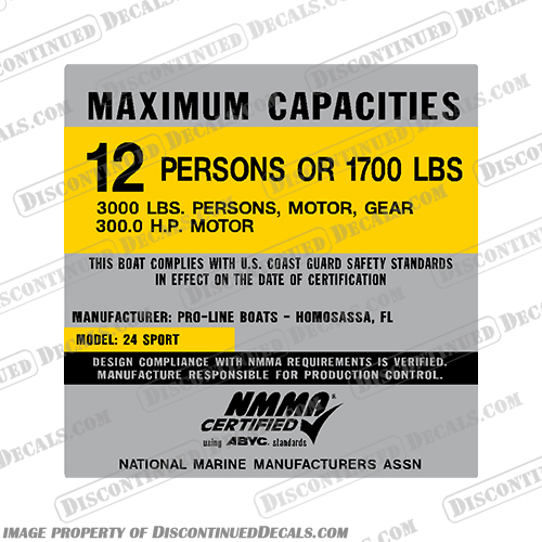 Pro-Line 24 Sport Boat Capacity Decal - 12 Person capacity, plate, sticker, decal, Sport, boat, person, persons, pro, line, proline, pro-line, 24, 12, person, people,