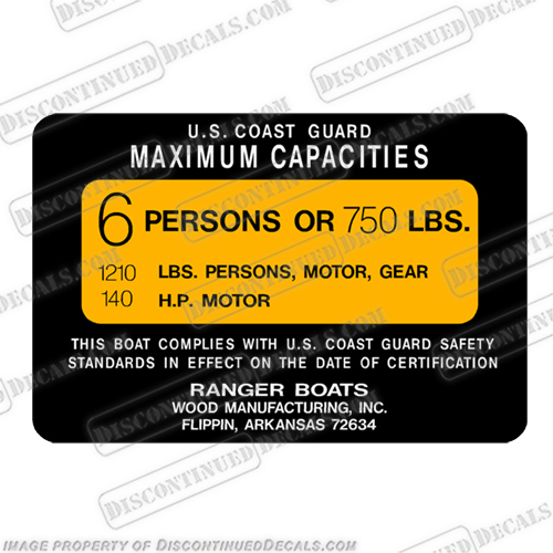 Ranger Boats Capacity Decal - 6 Person capacity, plate, sticker, decal, ranger, boats ,6, person,