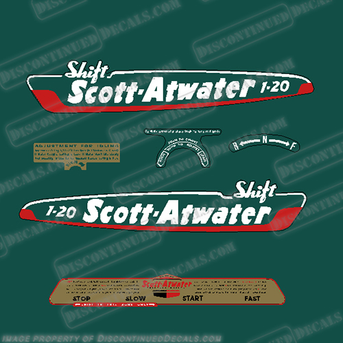 Scott Atwater 7.5hp 1-20 Model 503 Outboard Engine Decal Sticker Kit - 1950 - 1951 scott, atwater, 1-20, 503, model, 7.5, hp, outboard, engine, motor, decal, kit, set