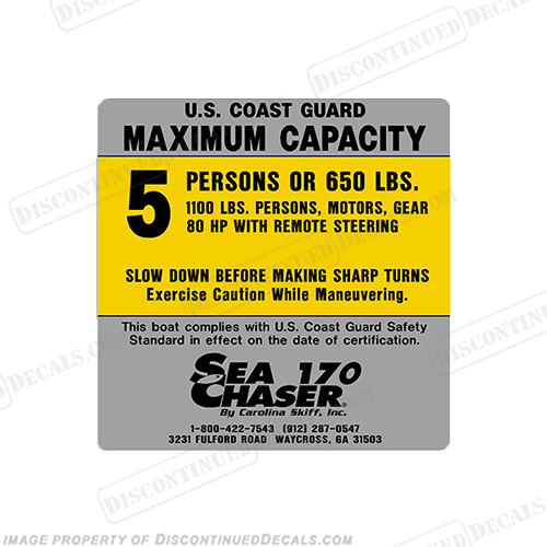 Sea Chaser 170 5 Person Boat Capacity Plate Decal INCR10Aug2021