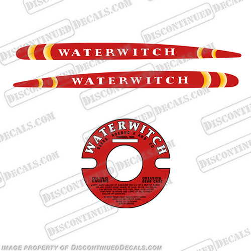 1938 Waterwitch by Sears Roebuck and Co. Decal Kit outboard, engine, motor, gas, fuel, tank, decal, sticker, replacement, water, witch, new, 3 1/4, 3, gal, 3.25gal, 3.25gallon, 6, gallon, wiz, wizard