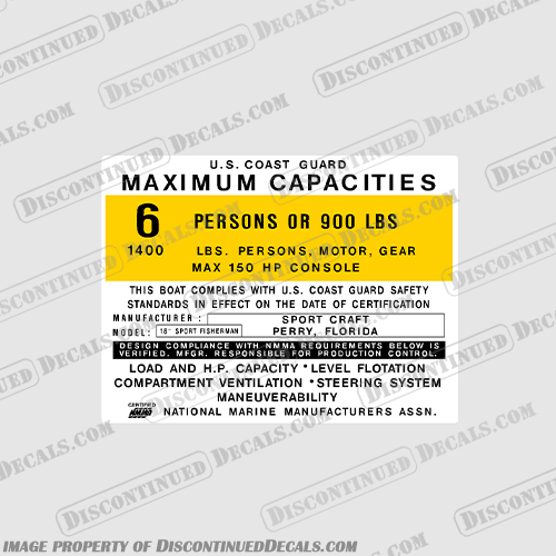  Sport Craft 18 Capacity Decal - 6 Person Sport, Craft, 18, Capacity, Decal, 6, person, people,