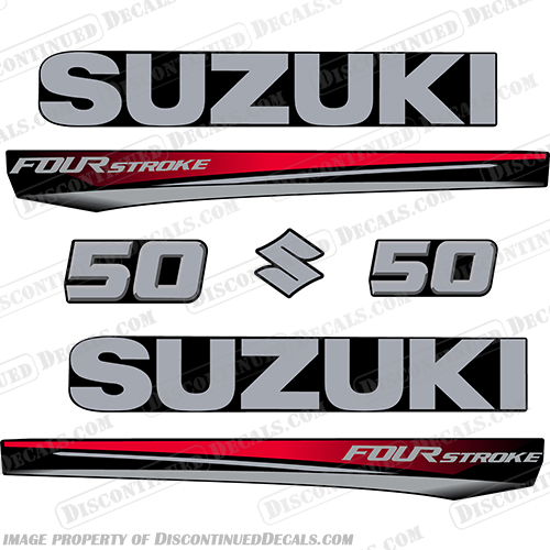 Suzuki 50 Fourstroke New 2017 and Up - Red Cowl suzuki, 50, 50hp, 60hp, 60, 70hp, 2017, 2018, 2019, 2020, 2021, 2022, red, red cowl, new, style, decal, decals, set, kit, stickers, outboard, engine, motor, fourstroke, silver