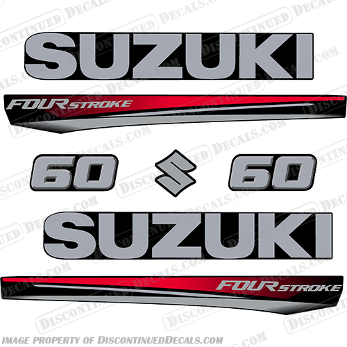 Suzuki 60 Fourstroke New 2017 and Up - Red Cowl suzuki, 50, 50hp, 60hp, 60, 70hp, 2017, 2018, 2019, 2020, 2021, 2022, red, red cowl, new, style, decal, decals, set, kit, stickers, outboard, engine, motor, fourstroke, silver