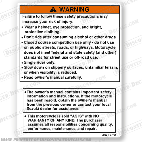 Warning Decal - Suzuki RM DRZ RMZ Warning Label warning, decal, label, suzuki, outboard, sticker, rm, drz, rmz
