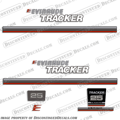 Evinrude 1993 Tracker 25hp Decal Kit - Red Evinrude, 1993, Tracker, 25, 25hp, hp, horsepower, horse, power, decal, decals, kit, red