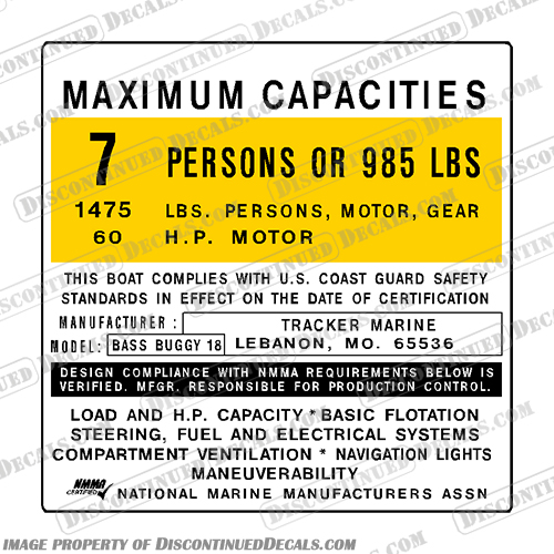 Tracker Marine Boats Bass Buggy 18 Boat Capacity Decal - 7 Person Tracker, Marine, Boats, Boat, Bass, Buggy, 18, Capacity, Decal, 7, person, people,