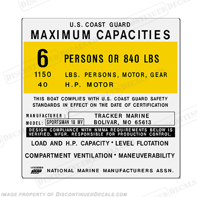 Tracker Marine Sportsman 18 Capacity Decal - 6 Person INCR10Aug2021