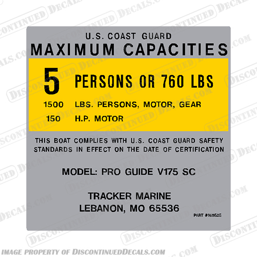 Tracker Marine Pro Guide V175 SC 5 Person Capacity Plate Decal tracker, marine, boat. capacity. plate, decal, pro, guide, v175sc, v175, sc, 5 person, sticker, single,