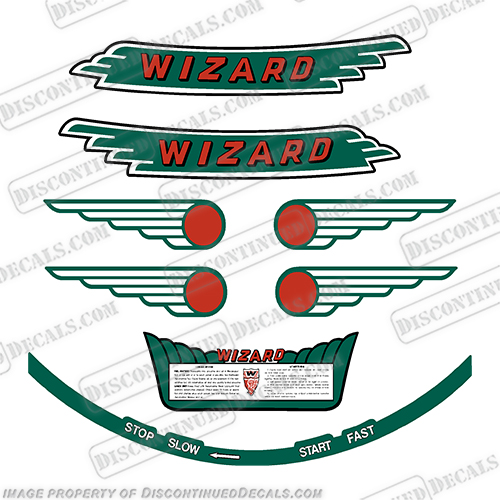 Wizard W Series Outboard Engine Decal Kit - 1940's Wiz, wizard, mercury, power, matic, powermatic, wb2, wb, wb4, wb 2, wb 4,  hp, 1940, 1941, 1942, 1943, 1944, 1945, 1946, 1947, 1948, 1949,, outboard motor, tiller, engine, decal, sticker, kit, set, INCR10Aug2021